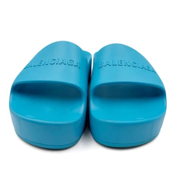Balenciaga Blue Platform Rubber Slides Sandals Pool Beach Logo Sz 7 Women's - Picture 5 of 9